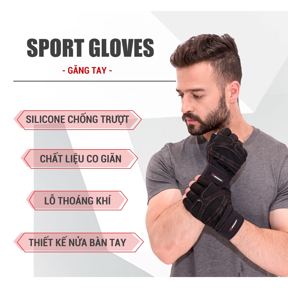 Găng tay tập gym nữ/nam hở ngón, bao tay tập Gym nữ/nam có quấn trợ lực cổ tay, đệm Silicone chống trượt GoodFit GF201G