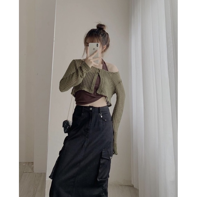 Sét áo croptop lưới và áo yếm L04, áo cardigan lưới kết hợp với áo yếm bên trong hottend.