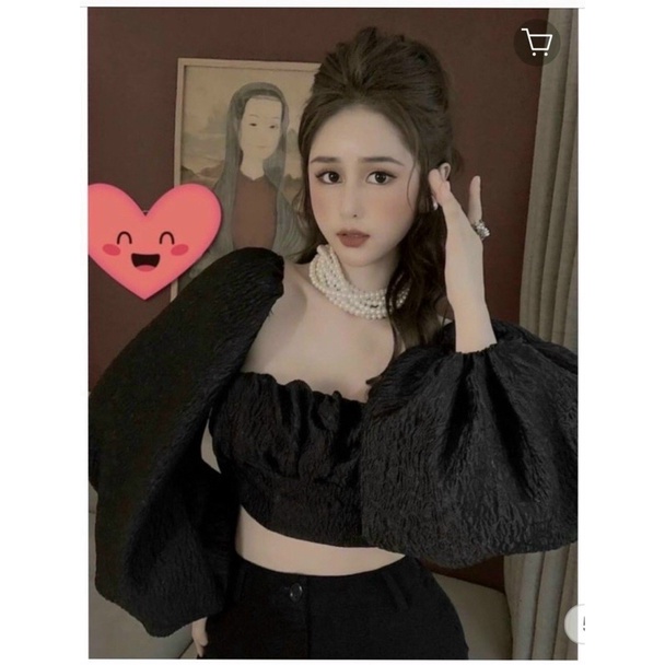 [Trang-Đen] Áo kiểu croptop xốp vân nổi tay phồng kèm lót ngực xịn xò siêu đẹp Ảnh thật chụp cận chất vải cuối