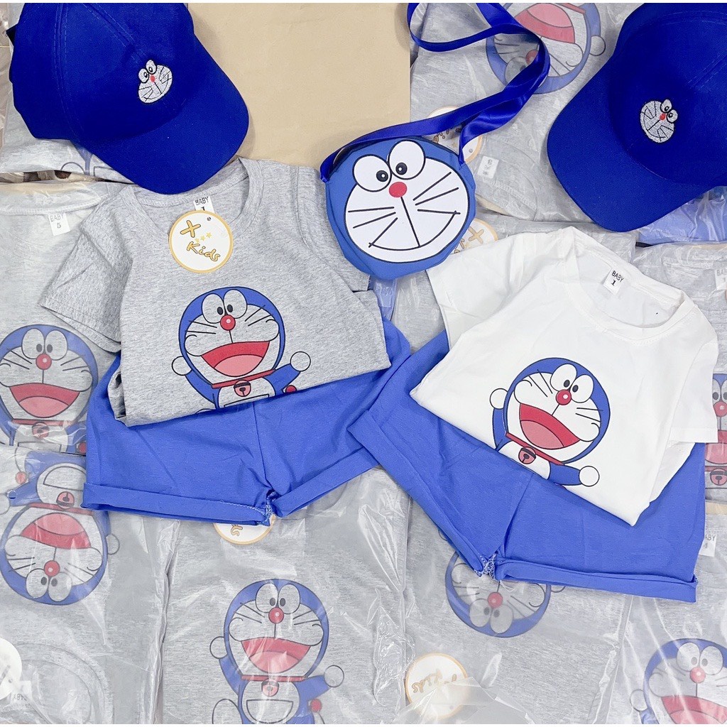 Bộ cộc tay bé trai, set 4 chi tiết , mũ, túi họa tiết doremon siêu ngộ nghĩnh cho bé