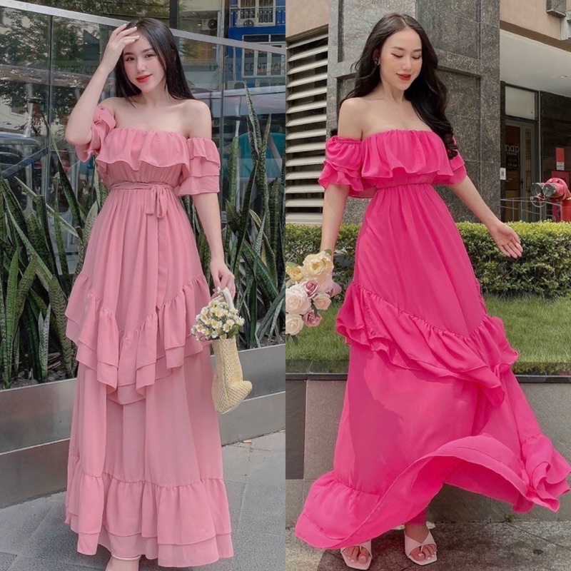 Maxi hồng cánh sen hở/bẹt/trễ vai bèo tầng, đầm váy dài xoè tiểu thư nhẹ nhàng dễ thương đi chơi/biển dạo phố du lịch