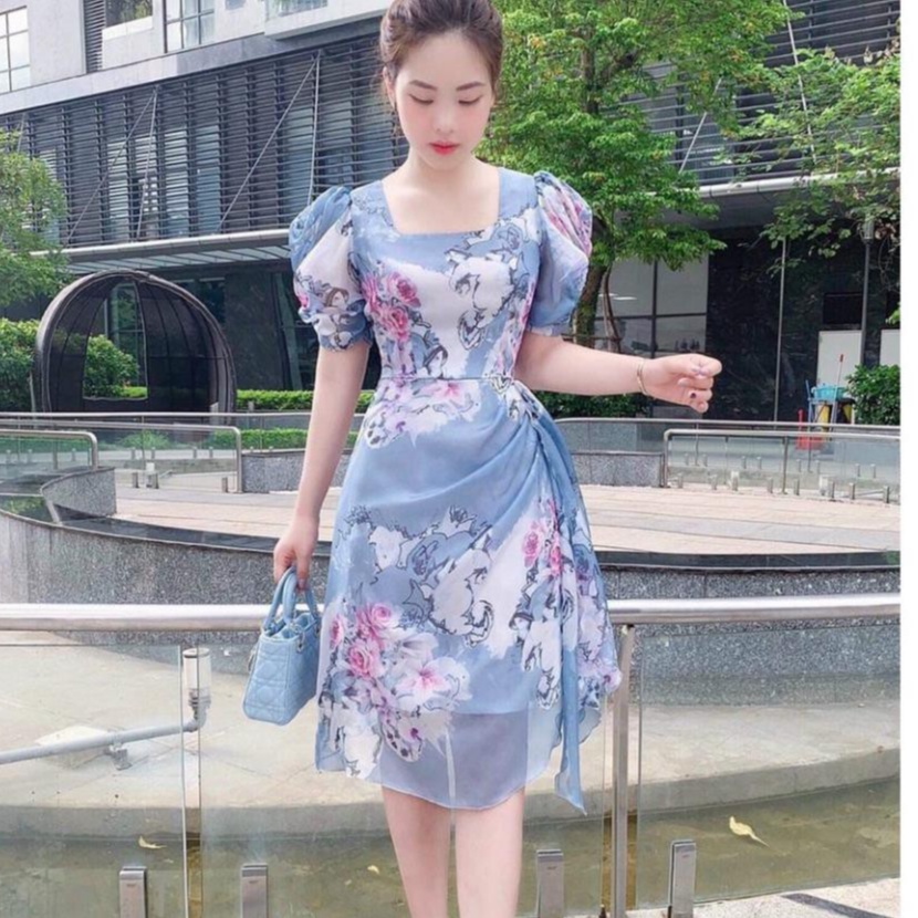 Đầm Nữ Cao Cấp  Lụa Tuyết Mưa Tay Phồng Cổ Vuông Eo Xếp Ly Thời Trang -stclothing