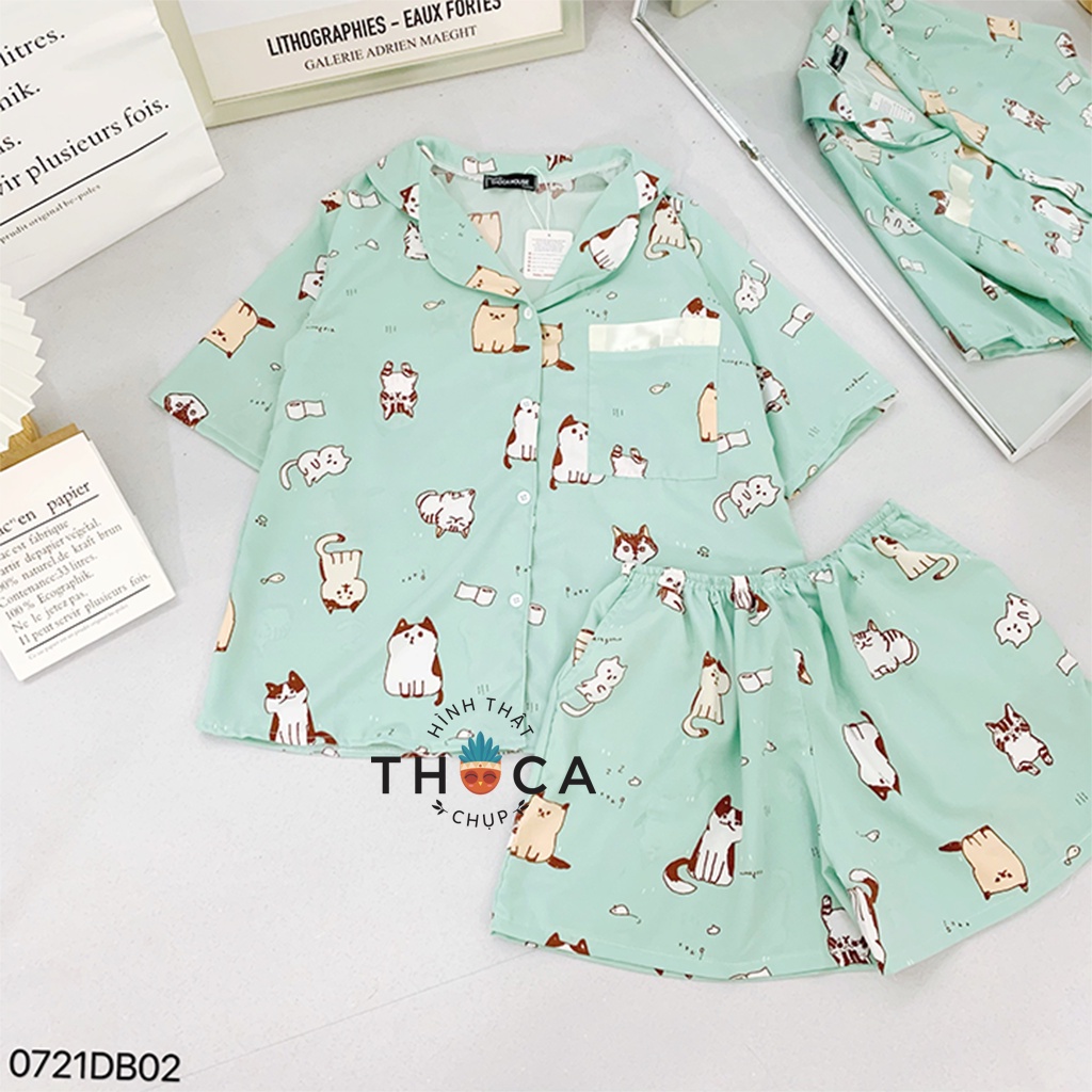 Đồ bộ pijama mặc nhà ngắn tay nhiều họa tiết THOCA HOUSE freesize dưới 57kg, mát mẻ, thoải mái, phù hợp mùa hè