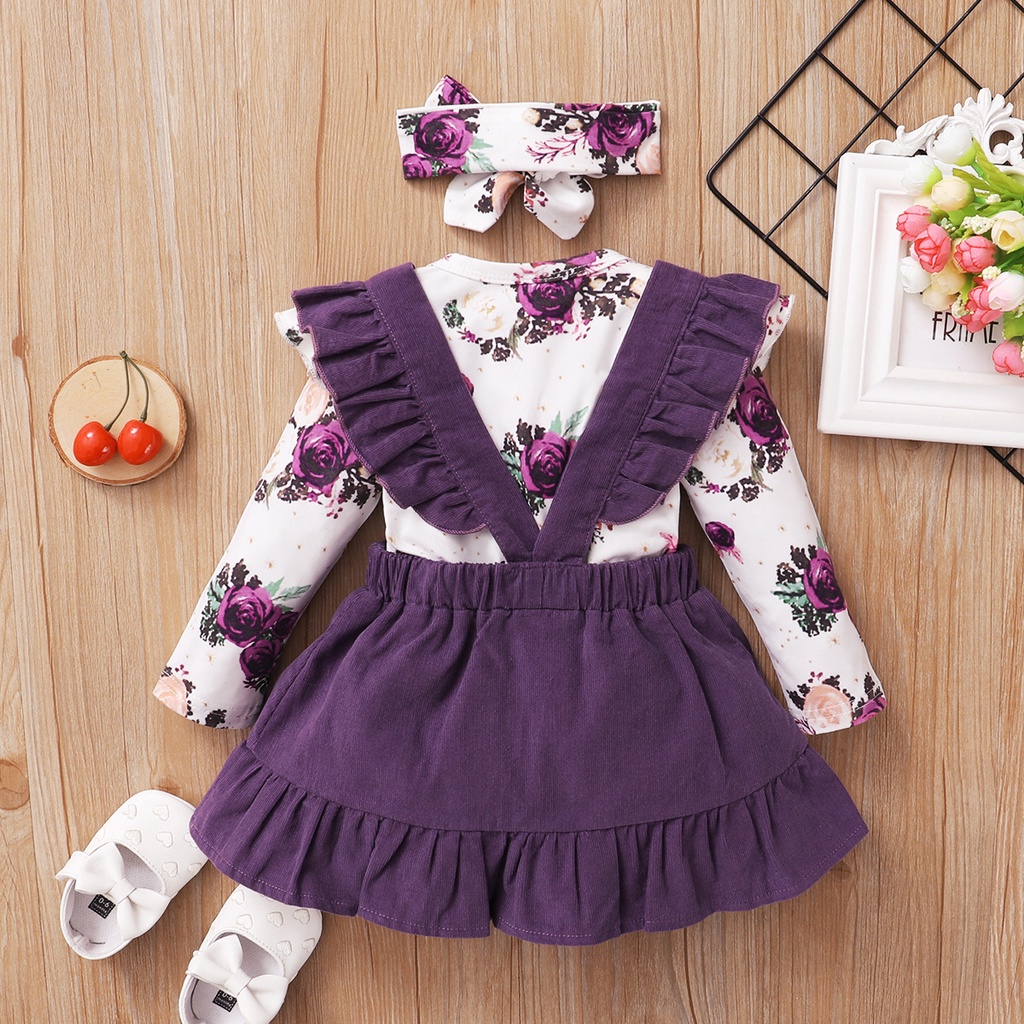 Set đồ MIKRDOO gồm áo liền quần tay dài in họa tiết hoa + váy yếm + băng đô thời trang mùa thu cho bé gái