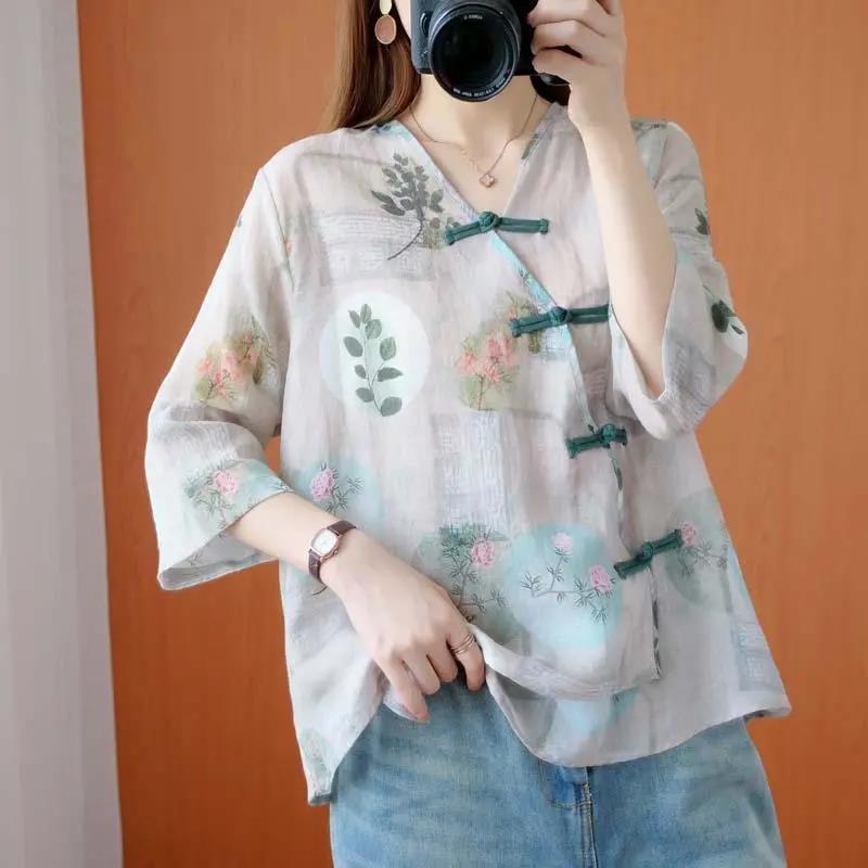 Áo Sơ Mi Cổ V Dáng Rộng In Họa Tiết Dân Tộc Độc Đáo Thời Trang Retro Cho Nữ