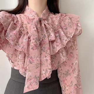 Áo Sơ Mi Dài Tay Hoa Ngọt Ngào Nơ Xù Hồng Tay Áo Sơ Mi Voan Nữ Dài Tay Top