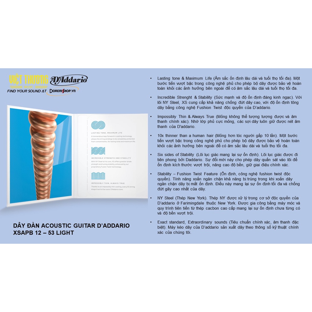 DÂY ĐÀN ACOUSTIC GUITAR D’ADDARIO XSAPB 12 – 53 LIGHT