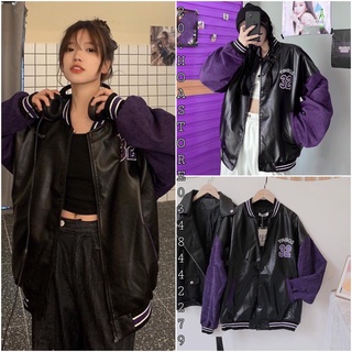 ÁO DA RAPLAN ĐEN PHỐI NHUNG TÍM VIỀN SỌC 32 - ÁO KHOÁC BOMBER NHUNG CÚC BẤM HOT HIT TINIBQS