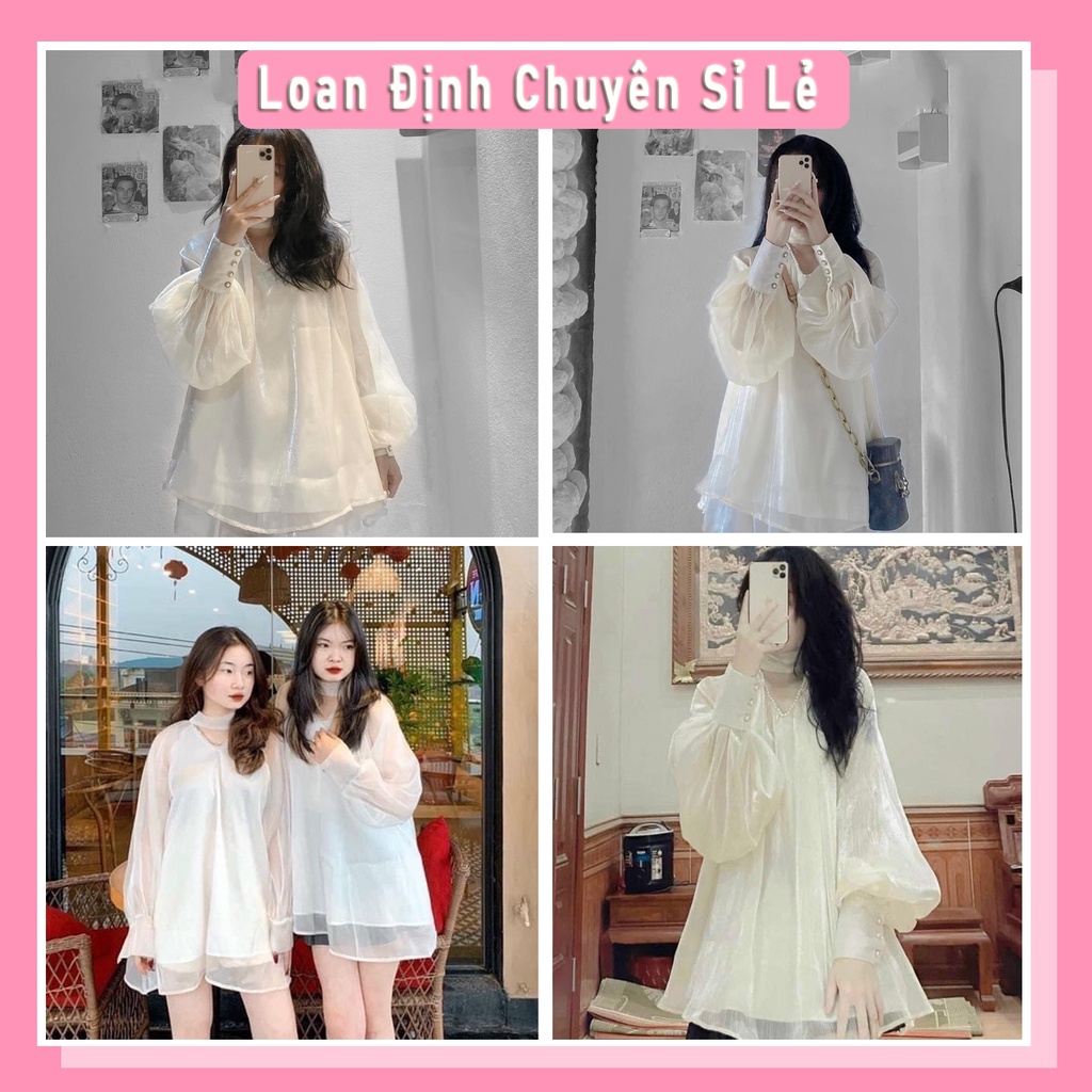 Áo sơ mi tiểu thư cổ v đính ngọc 2 lớp áo sơ mi bánh bèo xinh xắn LD100