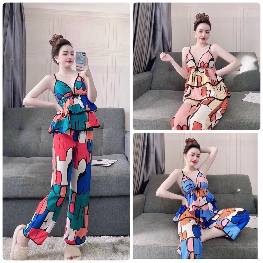 Đồ Mặc Nhà Nữ, Đồ Ngủ Sexy Nữ Áo 2 Dây Tầng Kèm Mút Ngực, Quần Dài Chất Lụa Mango Họa Tiết Lập Thể Siêu Sang Chảnh.