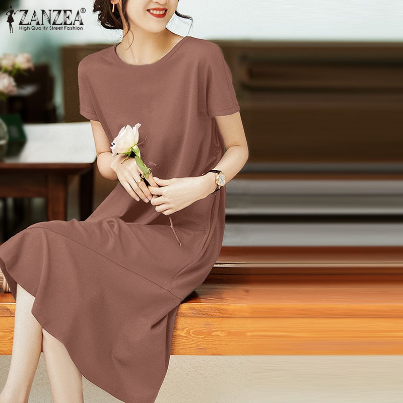 ZANZEA Đầm Midi Tay Ngắn Cổ Tròn Màu Trơn Thời Trang Cho Nữ