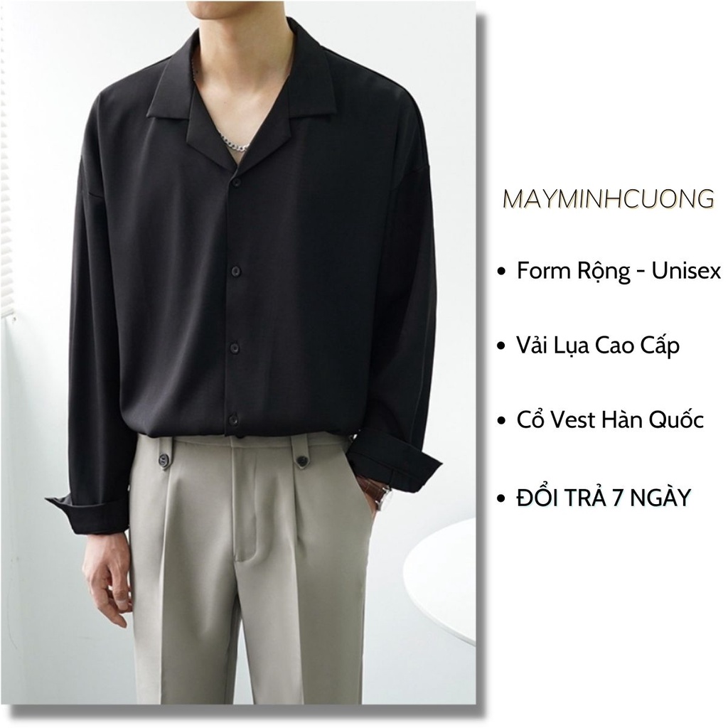 Áo sơ mi form rộng cổ vest tay dài dáng Unisex cả nam nữ Premium (đen, trắng) vải lụa học sinh - JS0102