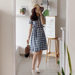 Đầm caro nơ eo .
