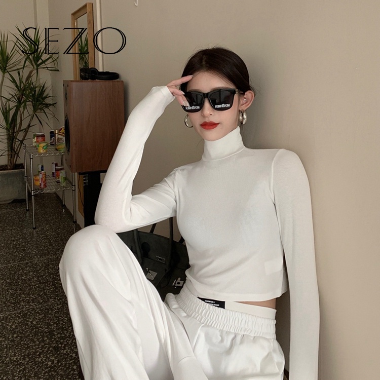 QKOOLE  Áo thun cổ cao dài tay màu trơn phong cách Hàn Quốc thời trang cho nữ