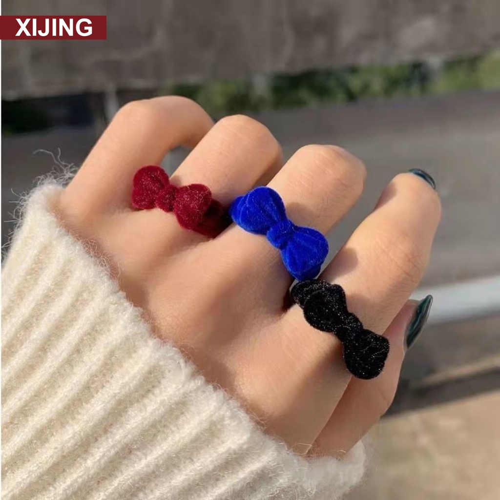 【XJ-COD】Nhẫn Thời Trang Bằng Nhung Đính Nơ Màu Xanh Dương / Đỏ / Đen Phong Cách Pháp Cổ Điển