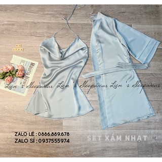 Đầm ngủ lụa yếm xẻ tà sexy - Set choàng lụa