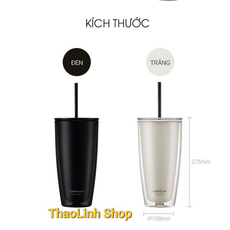 Ly nhựa 2 lớp Lo&amp;Lock kèm ống hút và cây cọ rửa ống hút HAP507  màu ngà/màu đen - Hàng chính hãng