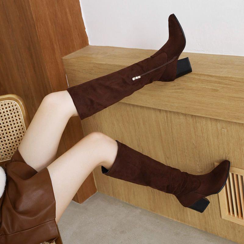 Giày boot Cao Gót Cổ Cao Qua Gối Mũi Tròn Bằng Da Lộn Thời Trang Mùa Đông Hàng Mới Dành Cho Bạn Nữ