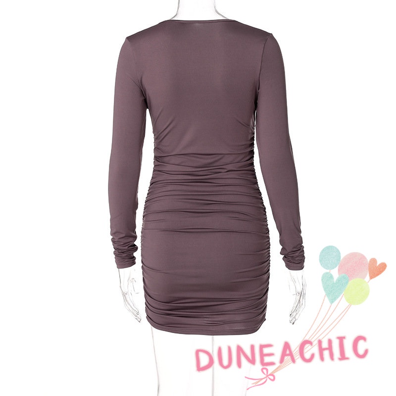 DUNEA Đầm Dài Tay Cổ Vuông Xếp Ly Xinh Xắn Dành Cho Nữ