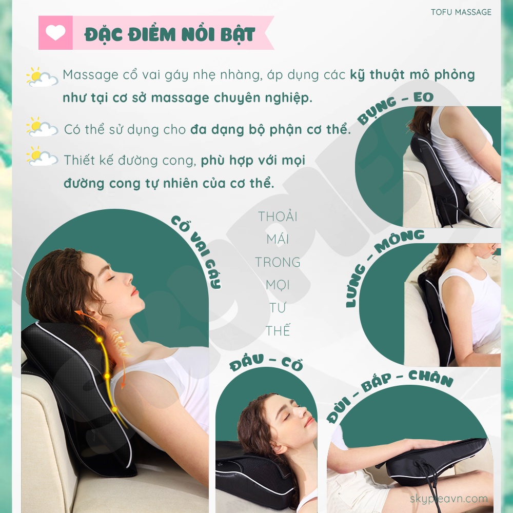 Gối Massage Hồng Ngoại Tích Hợp Tính Năng Điều Khiển Cầm Tay, Chế Độ Rung, Hồng Ngoại, Có Túi Khí - Chính Hãng SKYPIEA