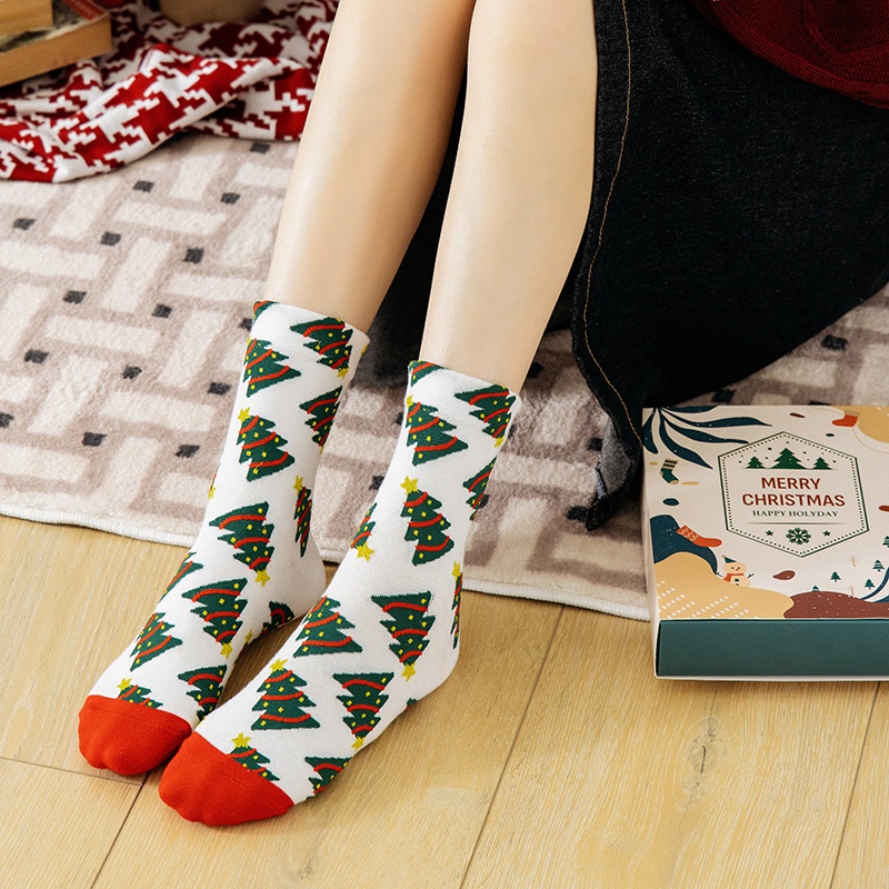 4 Pairs/Box Girls Cartoon Christmas Socks Cute Middle Tube Socks for Xmas Party Holiday Funny Women Santa Claus Cotton Warm Socks