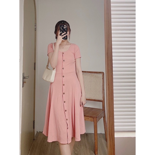 Váy cộc tay cotton tăm cúc dọc