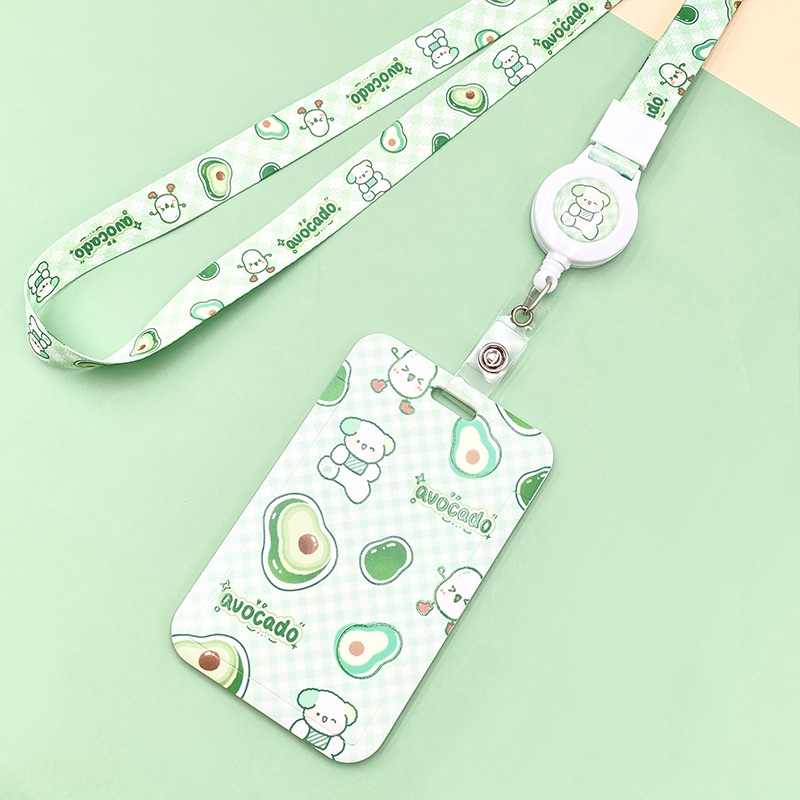 Bộ Kẹp Thẻ Kèm Dây Tự Động Cân Bằng Dâu Tây / Bơ Dễ Thương Cho Nữ Sinh