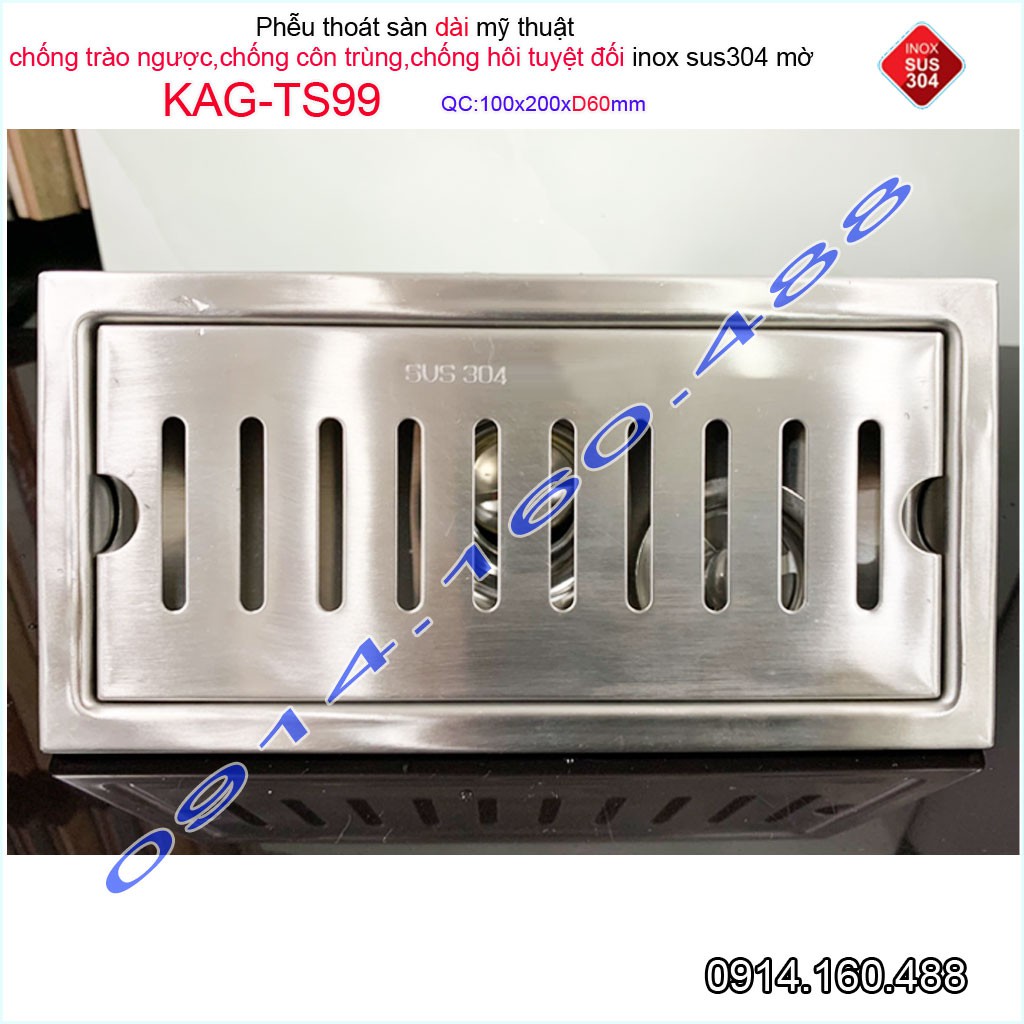 Phễu thoát sàn 10x20 cm KAG-TS99 (D60), thoát sàn nhà tắm chữ nhật SUS304 inox dập khuôn sáng bóng cao cấp