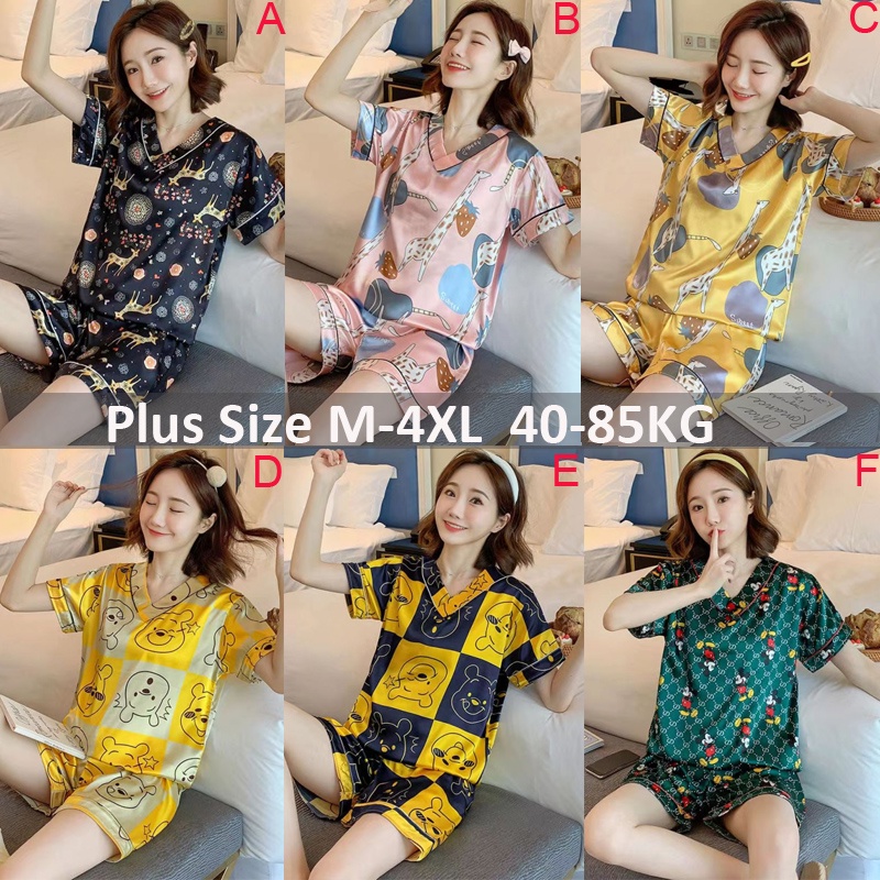 Bộ Đồ Ngủ Tay Ngắn Chất Lụa Satin In Họa Tiết Hoạt Hình Phong Cách Hàn Quốc Thời Trang Cho Nữ Size M-4XL