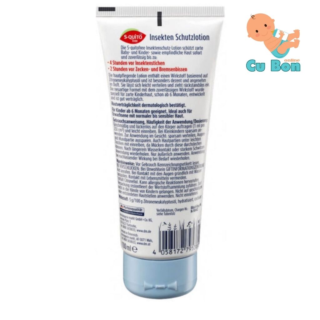 Kem Chống Muỗi Và Côn Trùng Cắn S-quito Free Cho Trẻ Sơ Sinh Và Trẻ Em, 100 ml của Đức