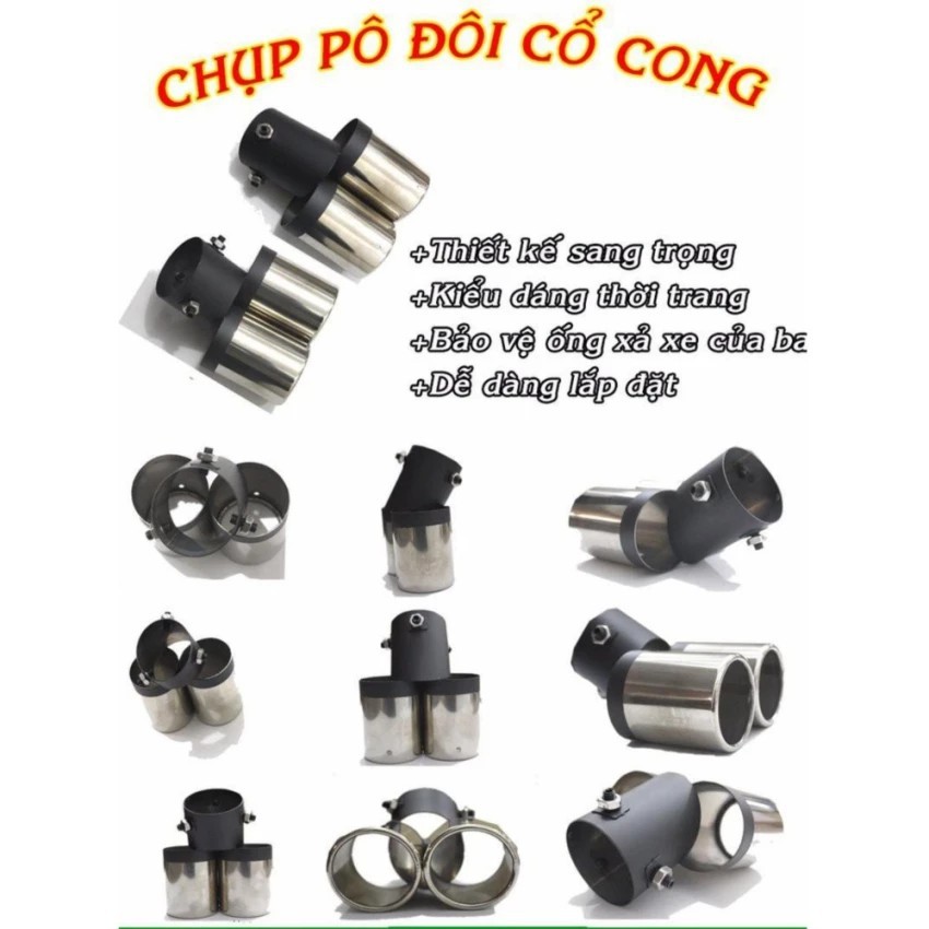 Chụp pô 1 hoặc 2 ống xả, cổ cong trang trí ô tô, kiểu dáng thể thao