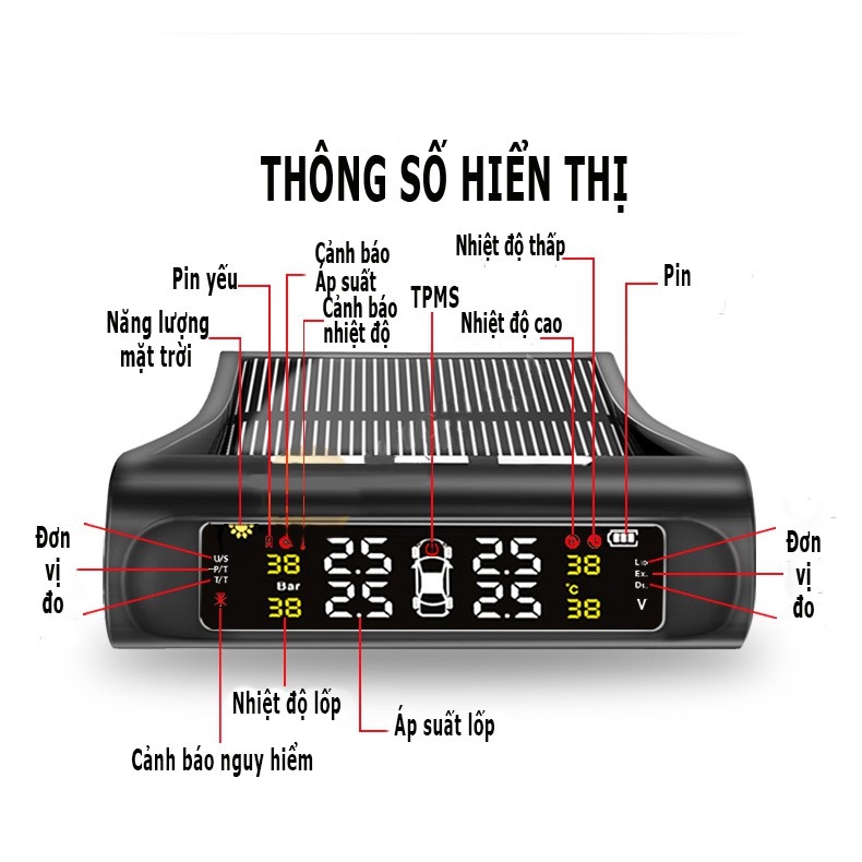 Cảm biến áp suất lốp xe ô tô TPMS , đo áp suất lốp ô tô gắn van ngoài chống nước sạc bằng năng lượng mặt trời