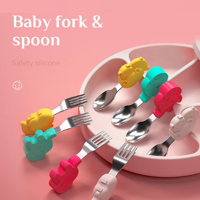 Bộ thìa và nĩa tập ăn MAMIMAMIHOME làm từ silicon và thép không gỉ kiểu dáng động vật hoạt hình dành cho trẻ em