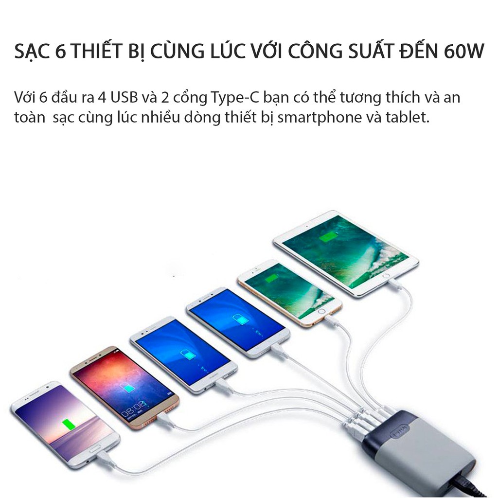 Sạc nhanh 6 cổng 60W MiLi HC-H60-C chính hãng.