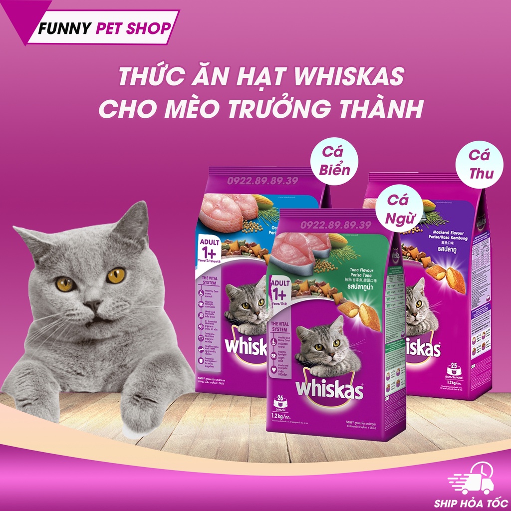 Hạt cho mèo Whiskas, thức ăn cho mèo trưởng thành vị cá thu, cá ngừ, cá biển - Funny Pet Shop