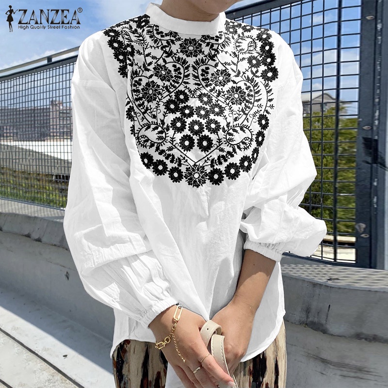 Áo kiểu ZANZEA vải cotton tay dài họa tiết thêu hoa giản đơn kiểu cổ điển cho nữ