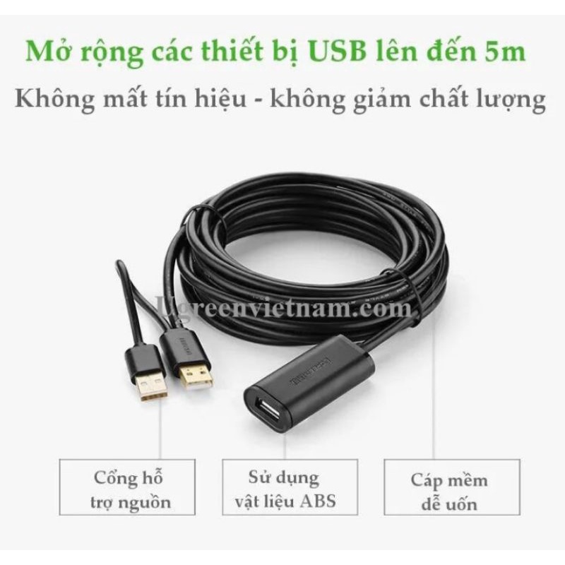 Dây nối dài USB 2.0 dài 10m có chíp khuyếch đại, hỗ trợ nguồn USB, Ugreen 20214 US137 - Hàng Chính Hãng