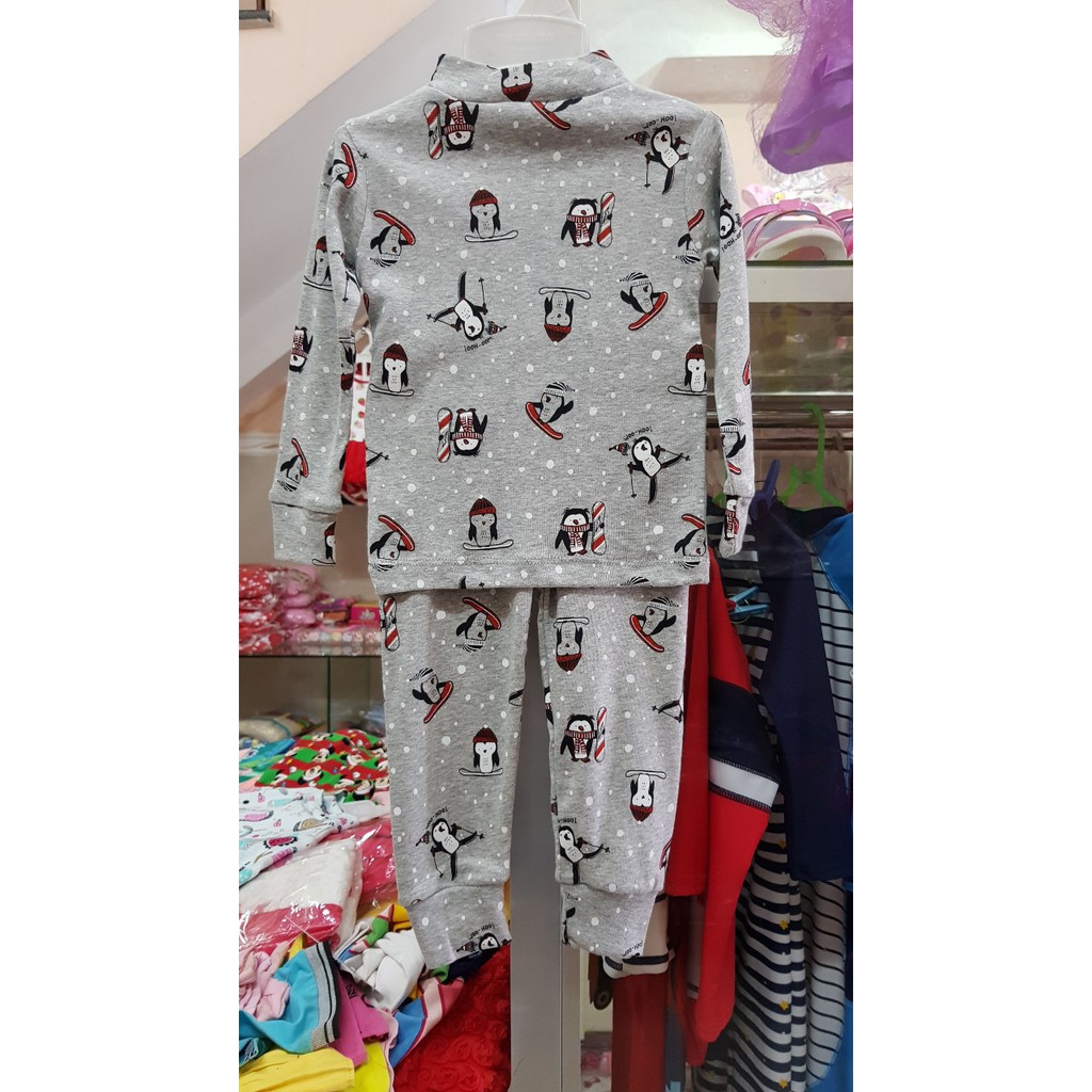 Bộ thun cotton tay dài cổ lọ 3p in chim cánh cụt ấm áp cho bé trai và gái