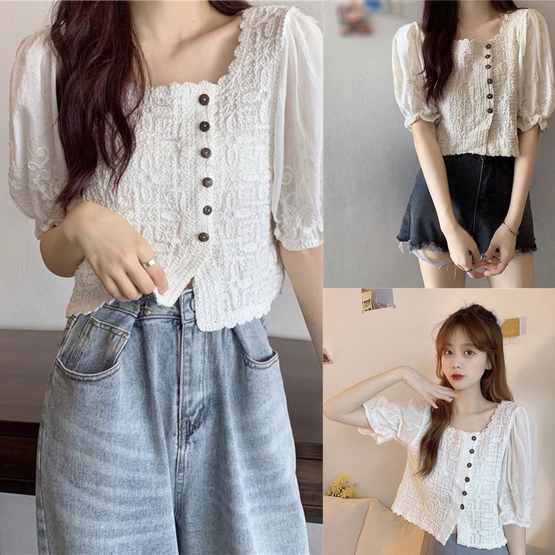 Áo Kiểu Tay Phồng Cổ Vuông Thêu Ren Phong Cách Đường Phố Thời Trang Cho Nữ