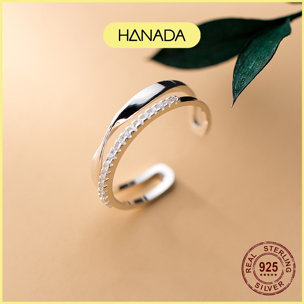 Nhẫn Bạc 925 Hanada Nhẫn Hai Đường Song Song Đính Đá Freesize Đeo Ngón Út 0710 N9