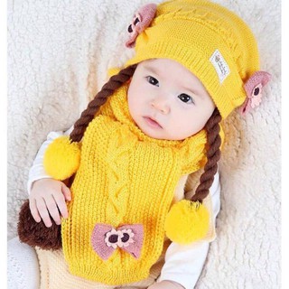 Set mũ len kèm khăn quàng có tóc giả cho bé gái