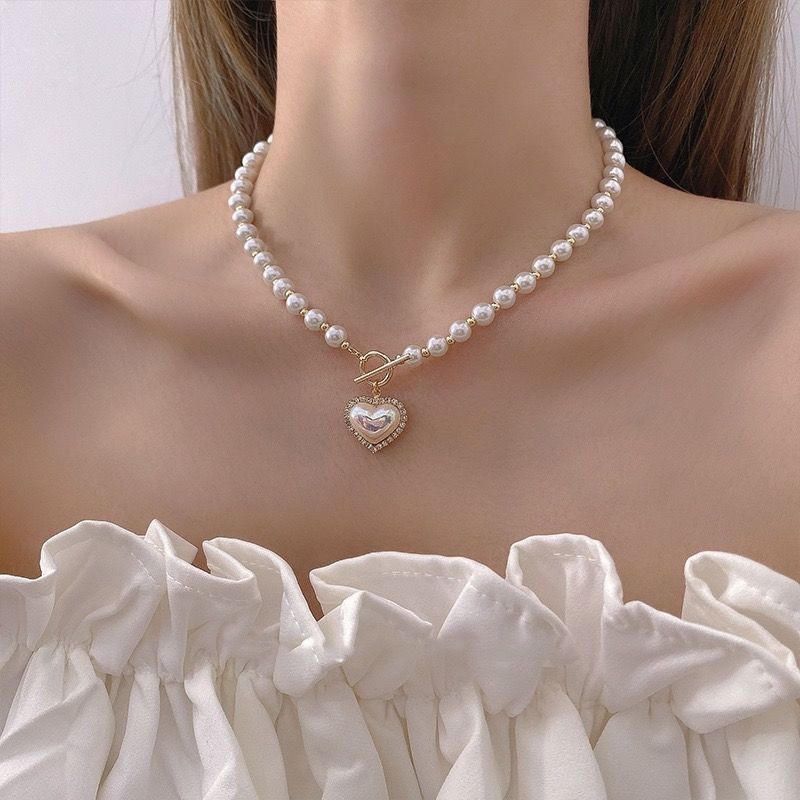 Vòng cổ Mặt Trái Tim Đính Ngọc Trai Thời Trang Cho Nữ