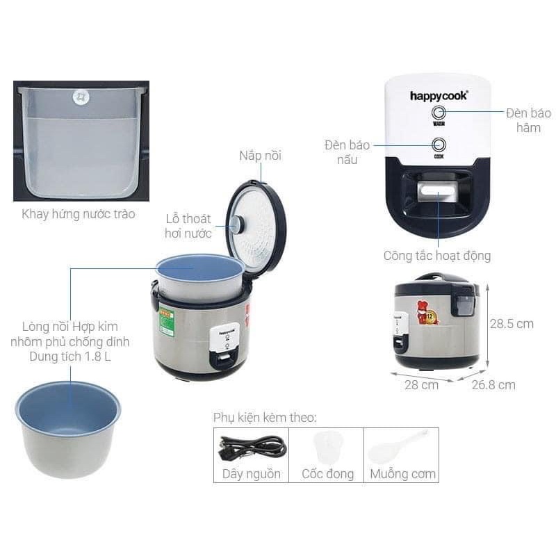 Nồi cơm điện happycook 1,8l dày dặn nấu cơm siêu ngon