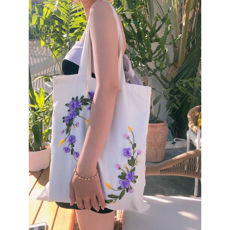 Túi Tote thêu hoa-Mẫu hoa nhí tím