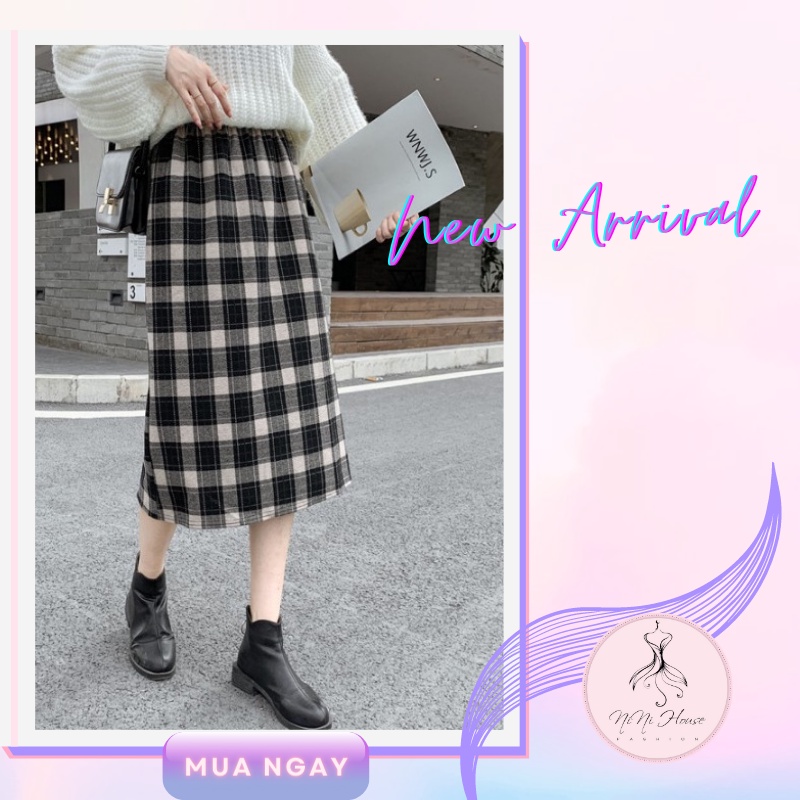 Chân váy dài dạ kẻ caro cạp chun phong cách Hàn Quốc, Chân váy dạ kẻ caro dáng dài Ulzzang 2 màu đen nâu xẻ vạt sau
