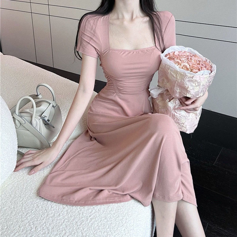 Đầm Tay Ngắn Cổ Vuông Nhấn Eo Phong Cách Pháp Thời Trang 202 Cho Nữ