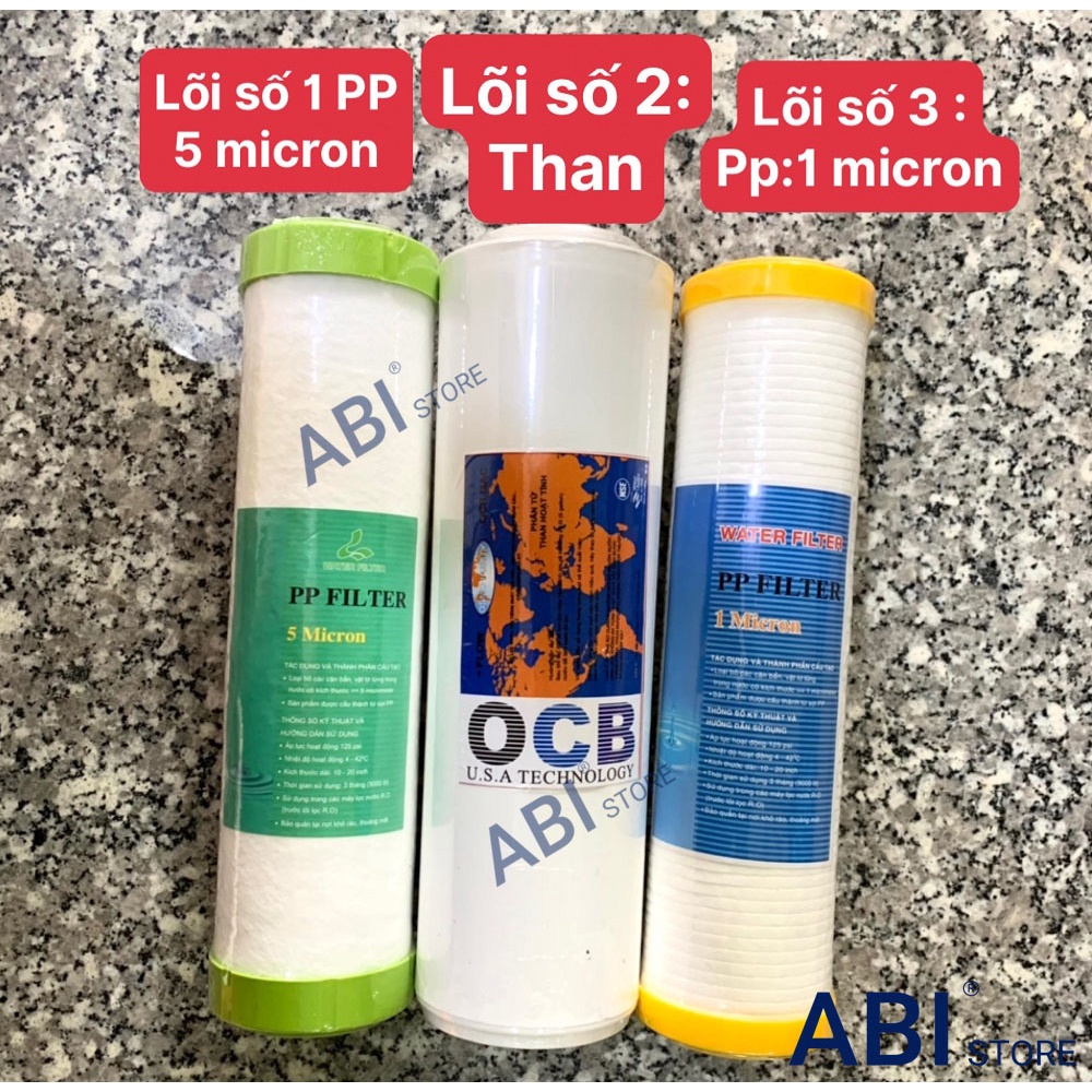 lõi lọc nước số 123 (lõi số 1 pp 5 micron, lõi số 2 than, lõi số 3 pp 1 micron), Bộ 3 cục lọc nước RO