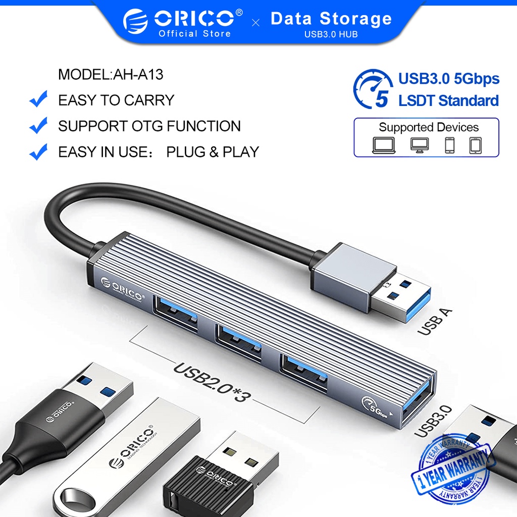 Bộ hub ORICO AH-A13/AH-A12F kiêm đầu đọc thẻ nhớ 4 cổng USB 3.0 2.0 bằng nhôm
