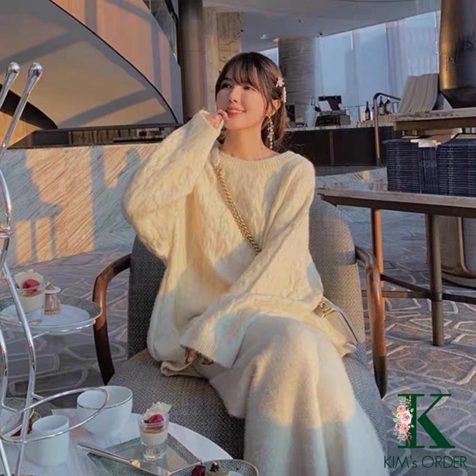 Áo len nữ màu trắng be form rộng sweater cổ tròn dài tay chất len vặn thừng dày dặn cao cấp phong cách Hàn Quốc