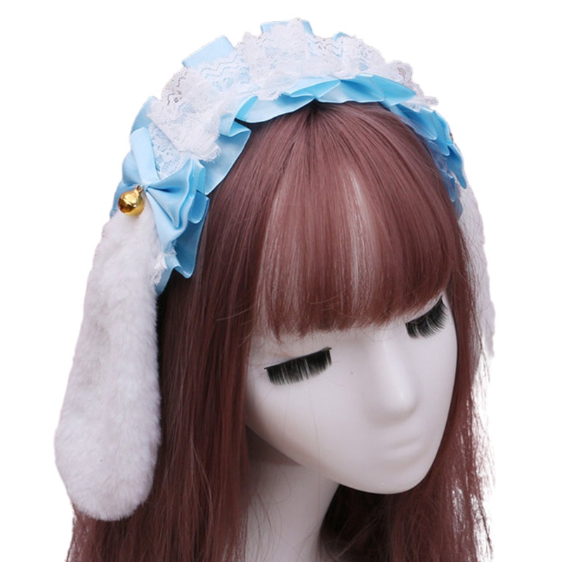 Băng Đô Tai Thỏ Bông Xếp Ly Phối Ren Đính Nơ Phong Cách Lolita Nhật Bản Đáng Yêu